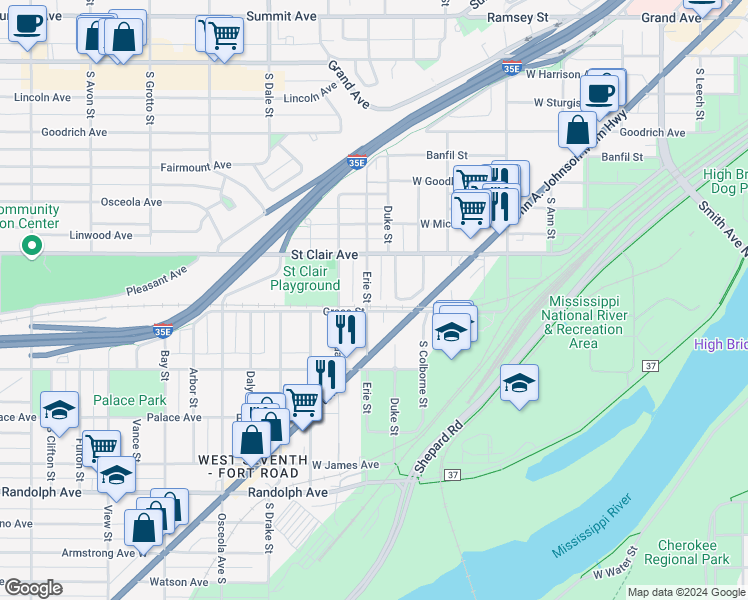 map of restaurants, bars, coffee shops, grocery stores, and more near 288 Erie Street in Saint Paul