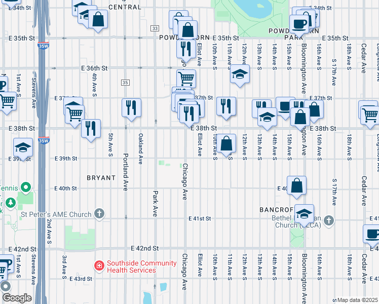 map of restaurants, bars, coffee shops, grocery stores, and more near 3845 Chicago Avenue in Minneapolis