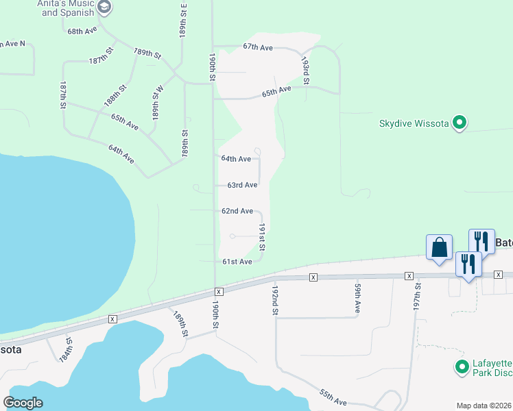 map of restaurants, bars, coffee shops, grocery stores, and more near 19094 62nd Avenue in Chippewa Falls