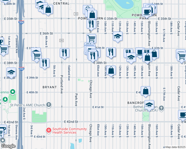 map of restaurants, bars, coffee shops, grocery stores, and more near in Minneapolis