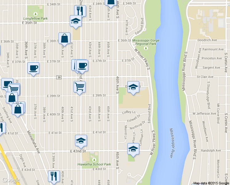 map of restaurants, bars, coffee shops, grocery stores, and more near 3901 45th Avenue South in Minneapolis