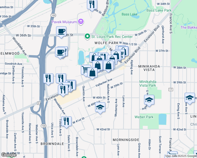 map of restaurants, bars, coffee shops, grocery stores, and more near 4725 Excelsior Boulevard in St. Louis Park