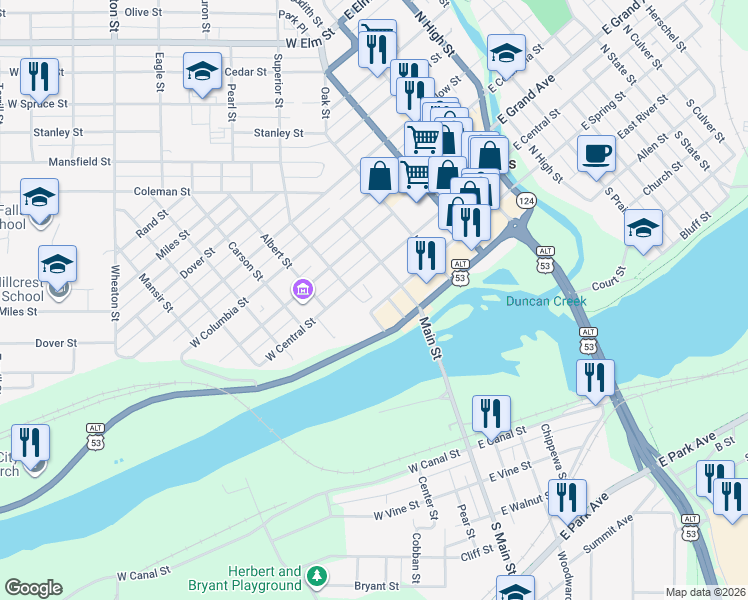 map of restaurants, bars, coffee shops, grocery stores, and more near 331 West Spring Street in Chippewa Falls