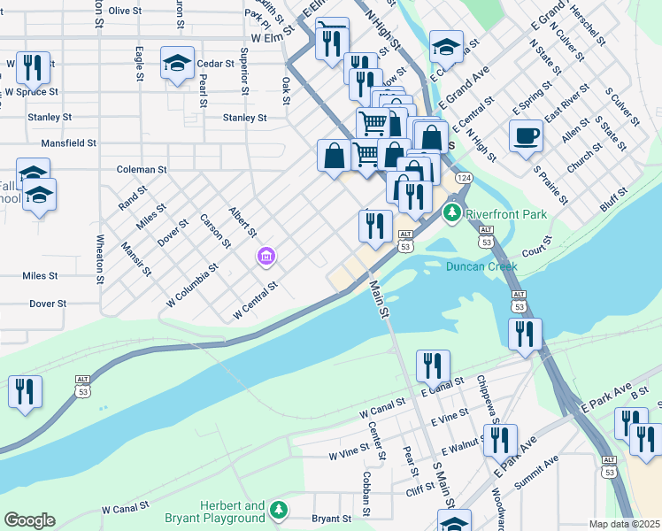 map of restaurants, bars, coffee shops, grocery stores, and more near 326 West Spring Street in Chippewa Falls