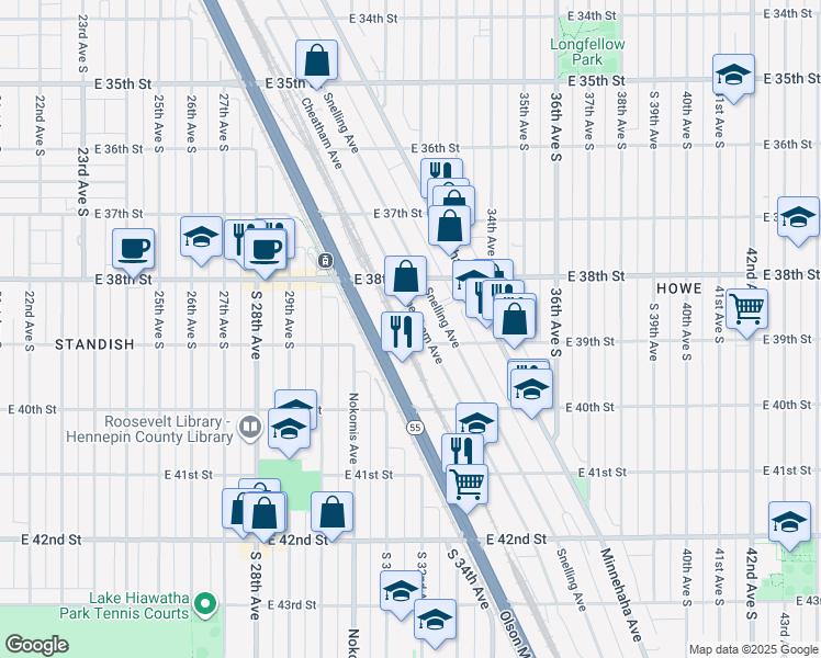 map of restaurants, bars, coffee shops, grocery stores, and more near 3800 Dight Avenue in Minneapolis