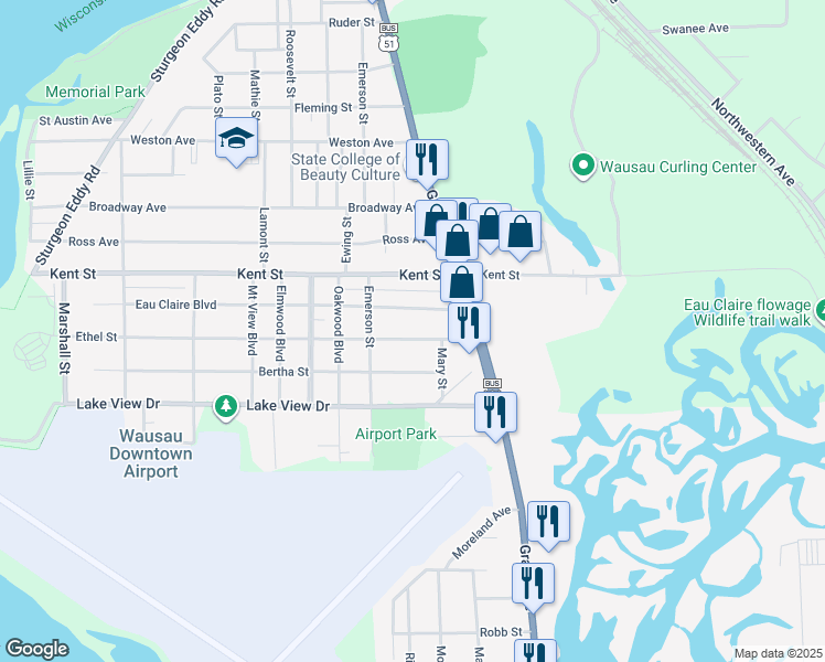 map of restaurants, bars, coffee shops, grocery stores, and more near 144 Ethel Street in Wausau