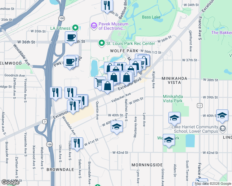 map of restaurants, bars, coffee shops, grocery stores, and more near 4725 Excelsior Boulevard in St. Louis Park