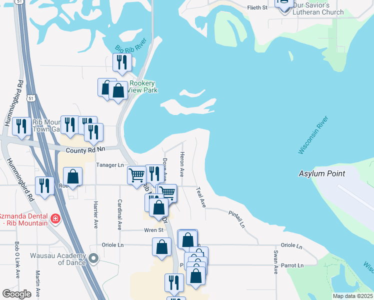 map of restaurants, bars, coffee shops, grocery stores, and more near 2702 Teal Avenue in Wausau