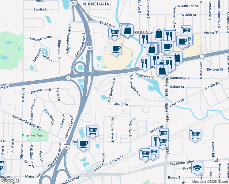 map of restaurants, bars, coffee shops, grocery stores, and more near 421 Van Buren Avenue North in Hopkins