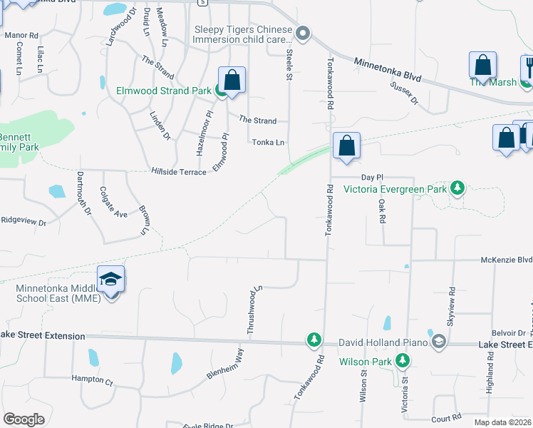 map of restaurants, bars, coffee shops, grocery stores, and more near 16300 Pine Street in Minnetonka