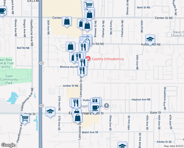 map of restaurants, bars, coffee shops, grocery stores, and more near 300 Lancaster Drive Northeast in Salem