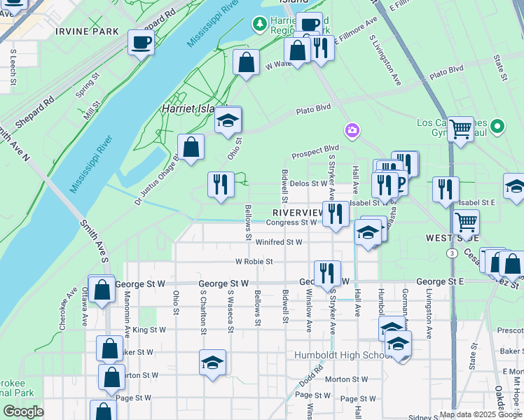 map of restaurants, bars, coffee shops, grocery stores, and more near 177 Congress Street West in Saint Paul