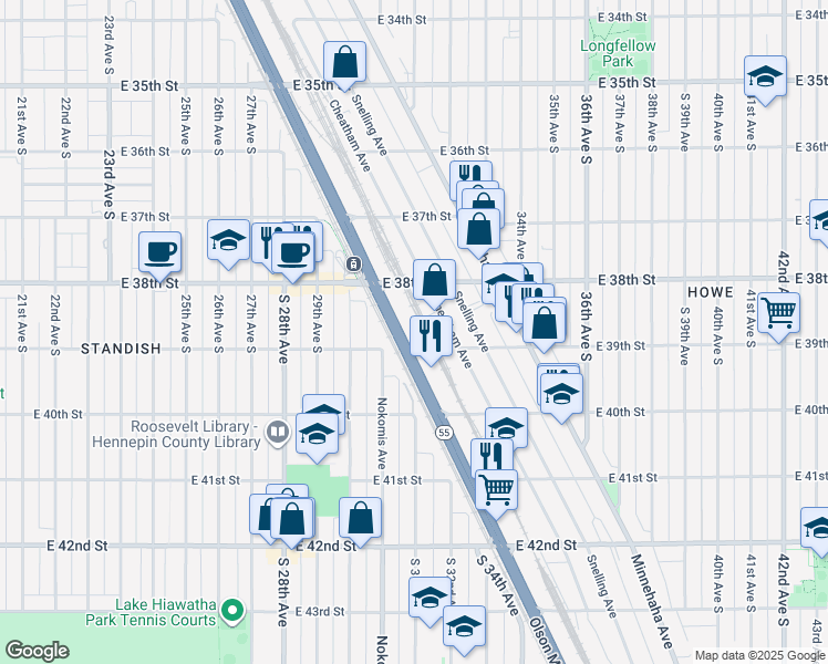 map of restaurants, bars, coffee shops, grocery stores, and more near 3800 Dight Avenue in Minneapolis