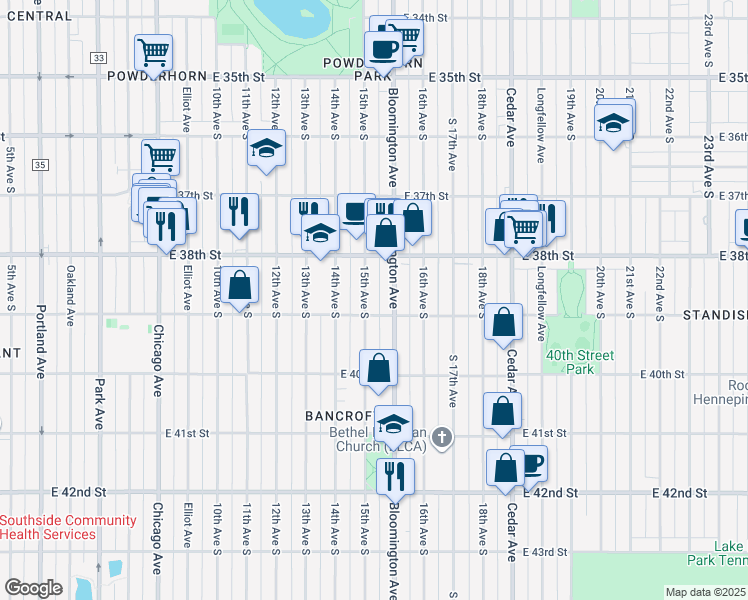 map of restaurants, bars, coffee shops, grocery stores, and more near 3859 South 15th Avenue in Minneapolis