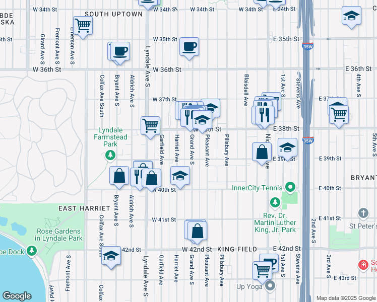 map of restaurants, bars, coffee shops, grocery stores, and more near 3852 Grand Avenue South in Minneapolis