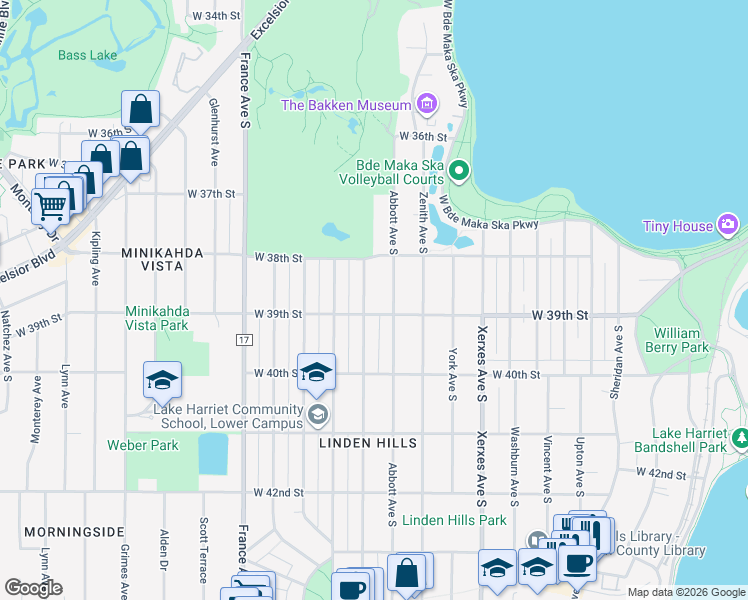 map of restaurants, bars, coffee shops, grocery stores, and more near 3840 Beard Avenue South in Minneapolis