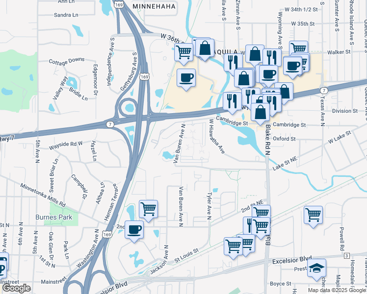 map of restaurants, bars, coffee shops, grocery stores, and more near 421 Van Buren Avenue North in Hopkins