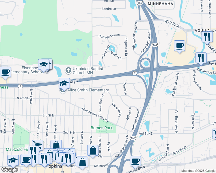 map of restaurants, bars, coffee shops, grocery stores, and more near 307 East Farmdale Road in Hopkins
