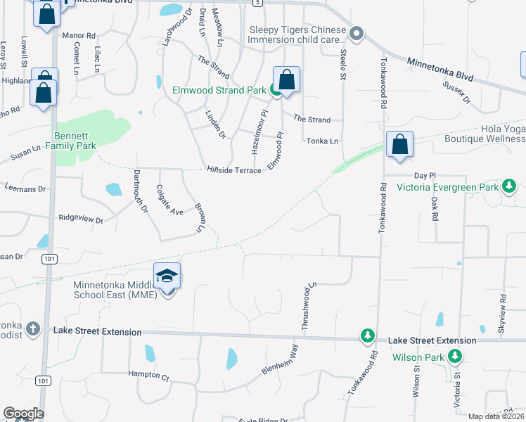 map of restaurants, bars, coffee shops, grocery stores, and more near 16418 Pine Street in Minnetonka