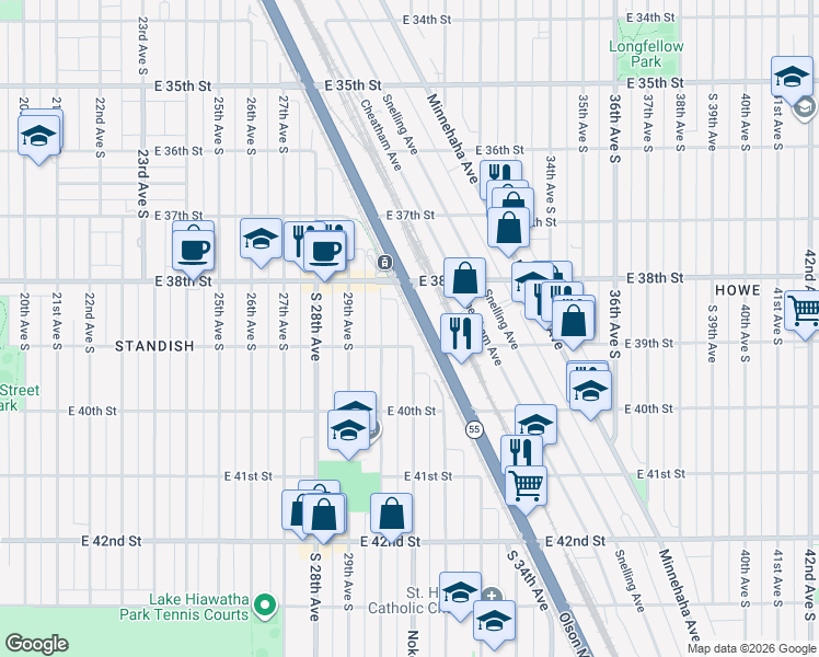 map of restaurants, bars, coffee shops, grocery stores, and more near 3010 East 39th Street in Minneapolis