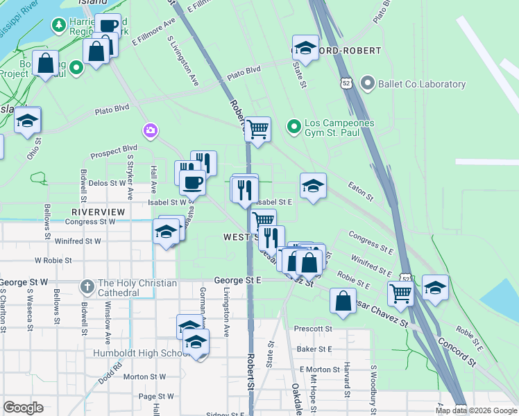 map of restaurants, bars, coffee shops, grocery stores, and more near 125 Congress Street East in Saint Paul