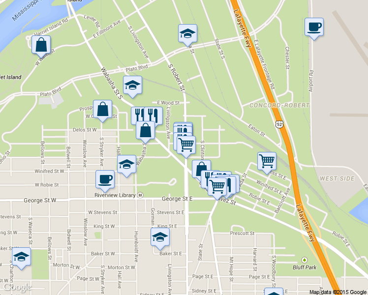 map of restaurants, bars, coffee shops, grocery stores, and more near 433 S Robert St in St Paul