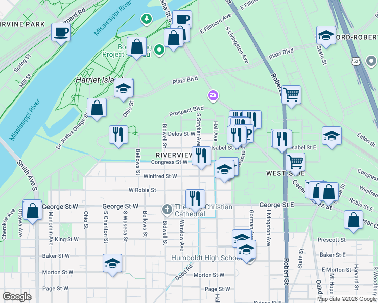 map of restaurants, bars, coffee shops, grocery stores, and more near 69 Congress Street West in Saint Paul