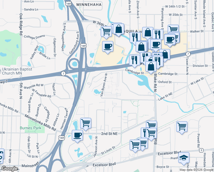 map of restaurants, bars, coffee shops, grocery stores, and more near 421 Van Buren Avenue North in Hopkins