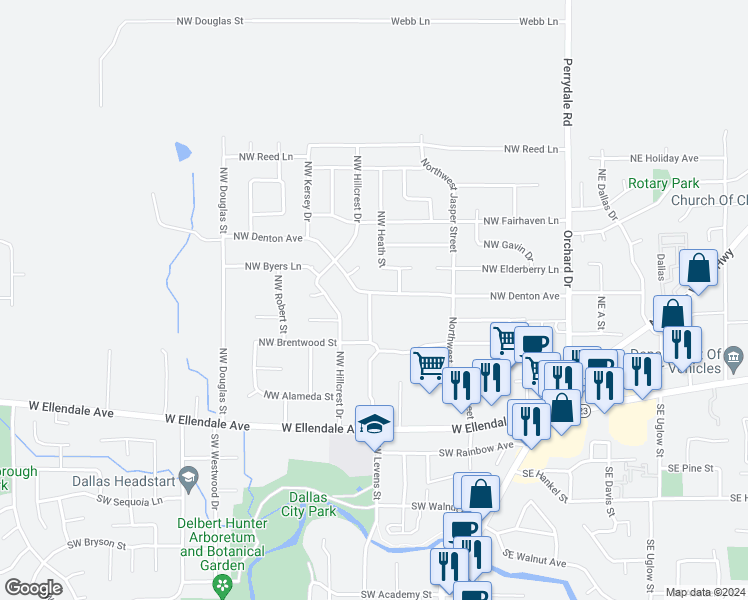map of restaurants, bars, coffee shops, grocery stores, and more near 377 Northwest Denton Avenue in Dallas