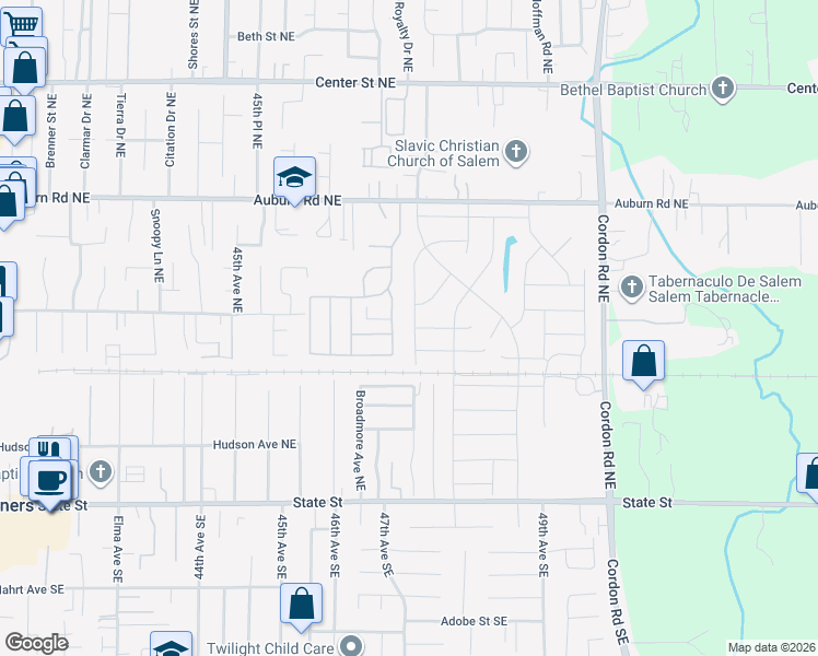 map of restaurants, bars, coffee shops, grocery stores, and more near 365 Himalaya Street Northeast in Salem