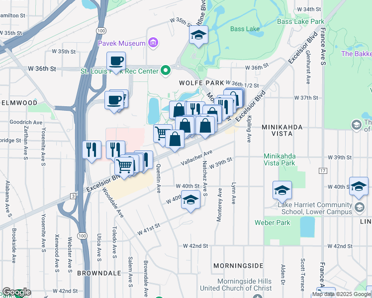 map of restaurants, bars, coffee shops, grocery stores, and more near 4725 Excelsior Boulevard in Minneapolis
