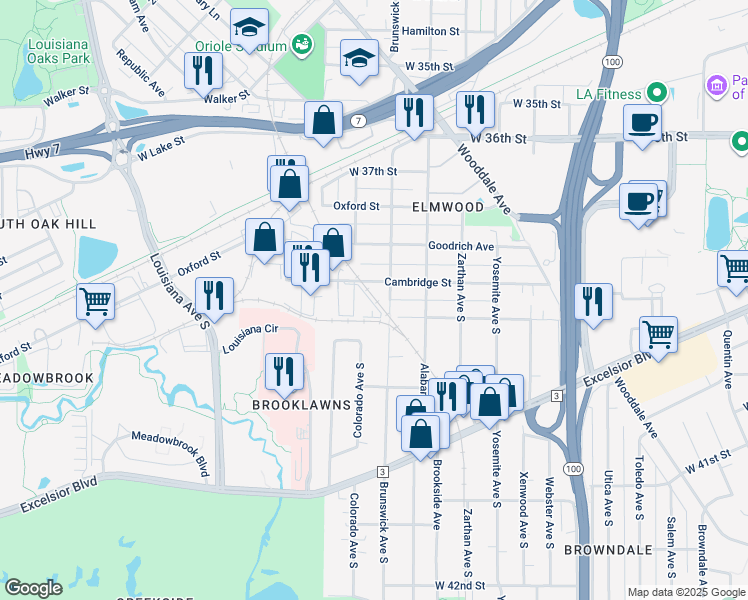 map of restaurants, bars, coffee shops, grocery stores, and more near 3870 Brunswick Avenue South in Minneapolis