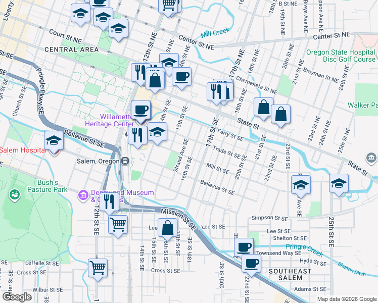 map of restaurants, bars, coffee shops, grocery stores, and more near 382 16th Street Southeast in Salem