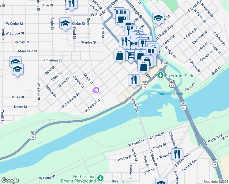 map of restaurants, bars, coffee shops, grocery stores, and more near 331 West Spring Street in Chippewa Falls