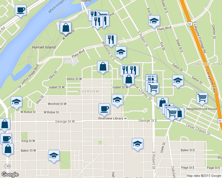 map of restaurants, bars, coffee shops, grocery stores, and more near 449 Hall Avenue in Saint Paul
