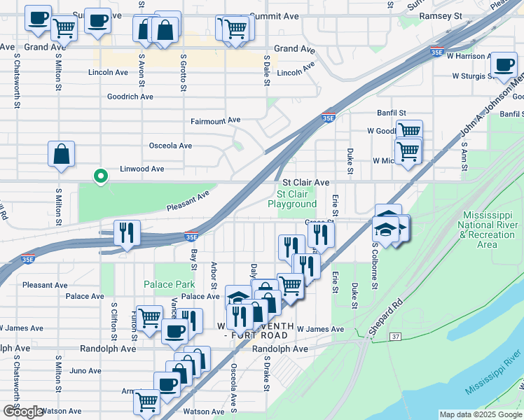map of restaurants, bars, coffee shops, grocery stores, and more near 305 Toronto Street in Saint Paul