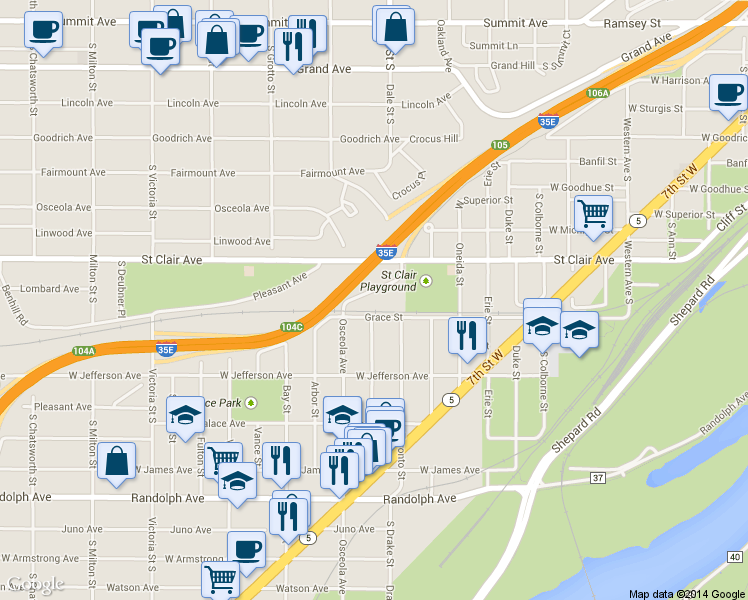 map of restaurants, bars, coffee shops, grocery stores, and more near 235 Marshall Avenue in Saint Paul