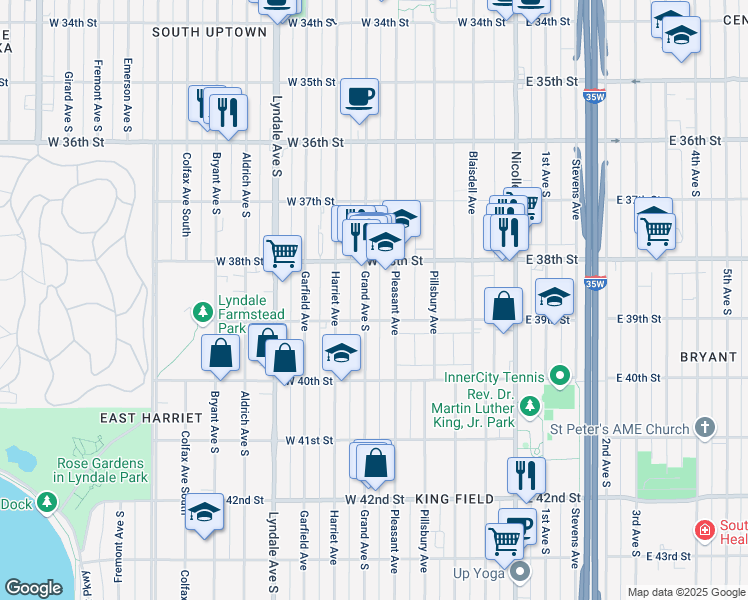 map of restaurants, bars, coffee shops, grocery stores, and more near 3852 Pleasant Avenue in Minneapolis