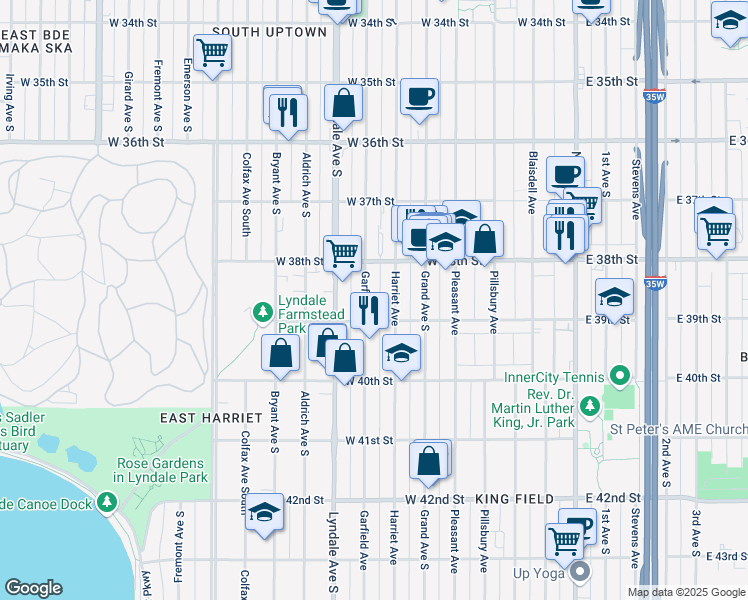 map of restaurants, bars, coffee shops, grocery stores, and more near 514 West 39th Street in Minneapolis