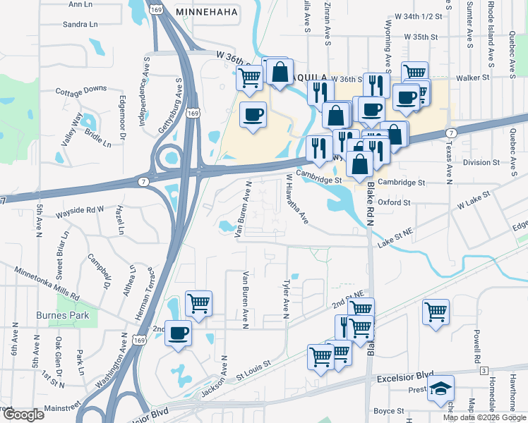 map of restaurants, bars, coffee shops, grocery stores, and more near 725 Lake Street Northeast in Hopkins