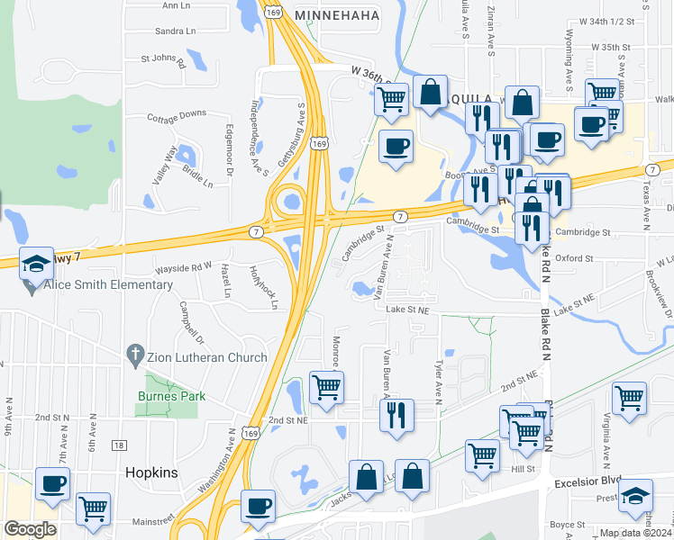 map of restaurants, bars, coffee shops, grocery stores, and more near 400 Cambridge Street in Hopkins