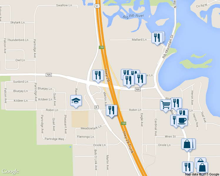 map of restaurants, bars, coffee shops, grocery stores, and more near Highway 29 Trunk in Wausau