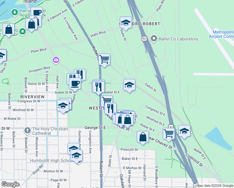 map of restaurants, bars, coffee shops, grocery stores, and more near 140 Isabel Street East in Saint Paul