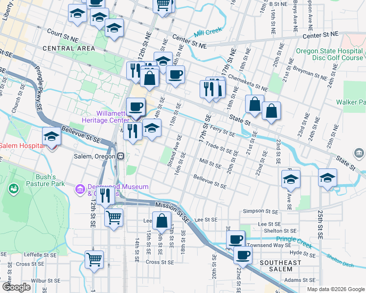 map of restaurants, bars, coffee shops, grocery stores, and more near 382 16th Street Southeast in Salem