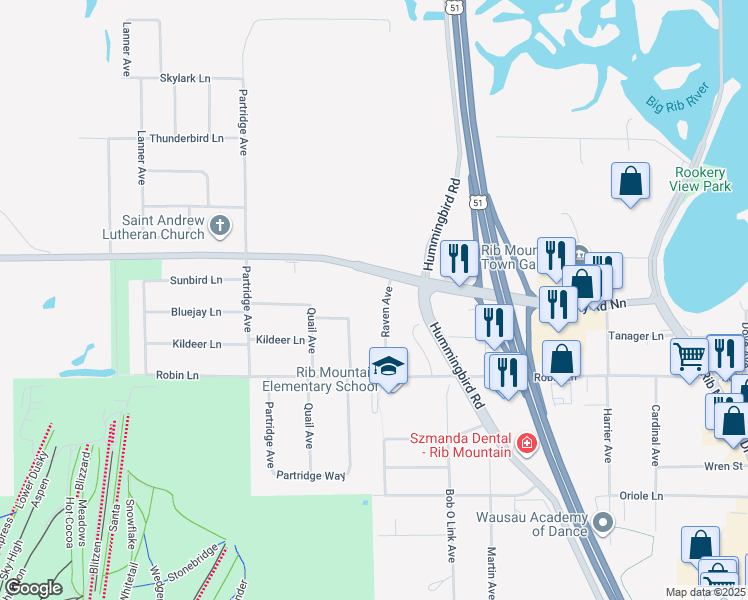 map of restaurants, bars, coffee shops, grocery stores, and more near 227508 Raven Avenue in Wausau