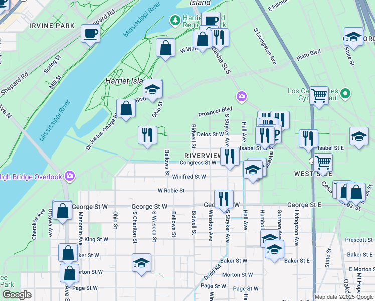 map of restaurants, bars, coffee shops, grocery stores, and more near 137 Congress Street West in Saint Paul
