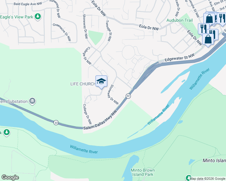 map of restaurants, bars, coffee shops, grocery stores, and more near 180 Stoneway Drive Northwest in Salem