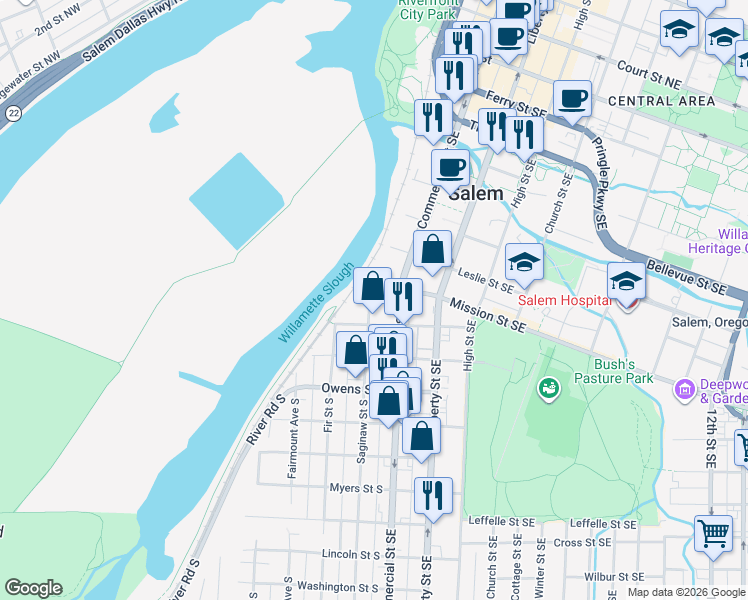 map of restaurants, bars, coffee shops, grocery stores, and more near 890 Saginaw Street South in Salem