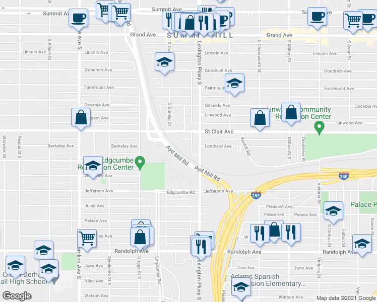 map of restaurants, bars, coffee shops, grocery stores, and more near 289 Lexington Parkway South in Saint Paul