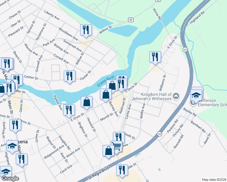 map of restaurants, bars, coffee shops, grocery stores, and more near 260 E Orvis St in Massena